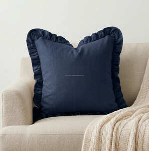 Navy <b>Blue</b> Handmade Cotton Vintage Pattern Designer Cushion Cover Frilled Edge Accent Pillow Contemporary Living Room Decor - Product Image 1