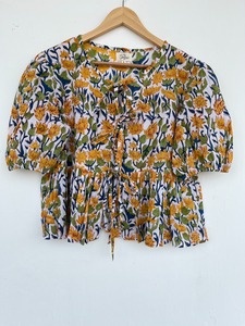 Yellow Floral Cotton Women Co ord <b>Set</b> Short Sleeve <b>Tie</b> Front Top Elastic Waist Shorts Two Piece Summer Outfit Beachwear - Product Image 2