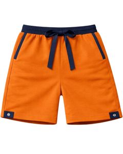 ชุดเซ็ตเสื้อกล้ามแขนกุดสีส้มและกางเกงขาสั้นสำหรับผู้ชาย  ชุดลำลองฤดูร้อนผ้าฝ้าย แต่งขอบสีน้ำเงินกรมท่า พร้อมเชือกผูกเอว ชุดสองชิ้น - Product Image 4