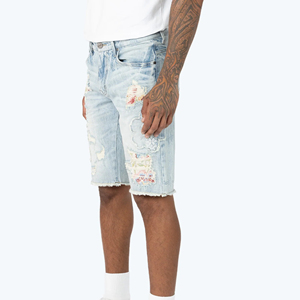 Hot Selling Breathable Light Wash Elastic Waist <b>Men</b> Denim Shorts High Quality Custom Logo Printed Summer 100% Cotton - Product Image 4