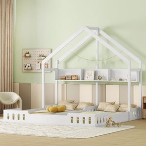 Letto a piattaforma in legno bianco crema per bambini, due letti condivisi con pratici ripiani e sponda di protezione - Product Image 1