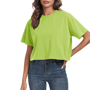 T-shirt court en jersey décontracté pour femme, vert lime, à manches courtes, col rond, coupe ample, printemps-été, 100 % coton, respirant, tricoté - Product Image 2