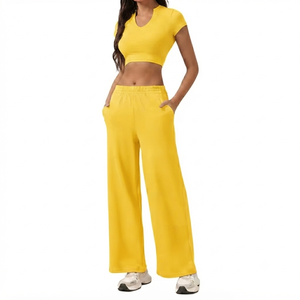 Custom Women Yellow Two Piece Spandex/Nylon Quick Dry Tracksuit Short Sleeve <b>Crop</b> <b>Top</b> High Waisted Wide Leg Pants Casual Sports - Product Image 1