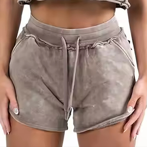 Shorts en coton délavé vintage marron taupe à coutures apparentes pour femme, taille haute, très demandés, collection 2026 - Product Image 3
