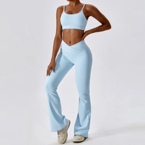 Women Yoga Set Ribbed High Waist Flared Leggings Spaghetti Strap Crop Top Solid <b>Green</b> Activewear 2 Piece Seamless Breathable - Product Image 4
