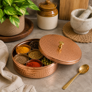 Caja de Masala de Cobre Martillado Hecha a Mano con Tapa, Contenedor de Almacenamiento de Especias Indias, 7 Compartimentos, Organizador de Cocina, Regalo, Venta al por Mayor - Product Image 3
