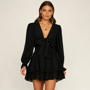 Vestido corto de gasa informal de moda con cuello en V y manga larga con borde con volantes para mujer - Product Image 1