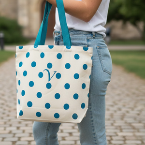 <b>Light</b> <b>Blue</b> Polka Dot Canvas Jute Tote Bag Reusable Eco Friendly Shopping Carry Stylish Daily Use Market Style R.<b>D</b> Bag House - Product Image 5