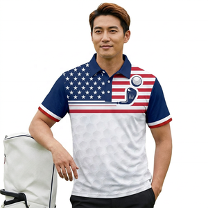 American Flag <b>Golf</b> <b>Polo</b> Shirt Men Short Sleeve Quick Dry Printed Design <b>White</b> Blue Red Hex Pattern Front Logo - Product Image 4