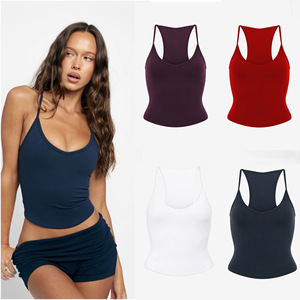 Women Casual <b>Racerback</b> Curved Hem Breathable Solid Knitted Tank <b>Top</b> Soft Stretchy Sleeveless Crop <b>Top</b> Front Logo - Product Image 5