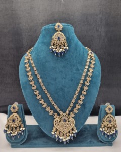 Pear Cut Stone Dual Layer Necklace With Earrings and Mangtika For Women Traditional Ethnic Wear Designer <b>Jewellery</b> Manufacturers - Product Image 3