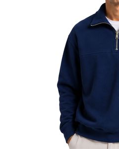 Navy Blue <b>Men</b> Oversized Quarter Zip Sweatshirt <b>Pullover</b> Fleece Long Sleeve Casual Streetwear Sweater Custom Heavy Cotton Top - Product Image 3