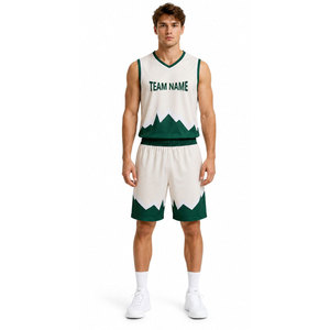 Ensemble de maillots de basket-ball sublimés personnalisés pour adultes |   Uniforme d'équipe blanc et vert avec motif montagne en polyester anti-humidité - Product Image 4