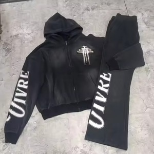 Conjunto de 2 piezas de chándal de invierno vintage personalizado OEM para hombre, con capucha, estilo urbano, estampado, lavado ácido, pantalones acampanados con dobladillo sin rematar - Product Image 6