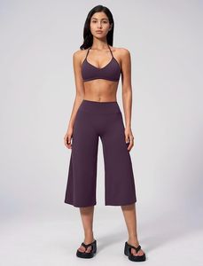 Ensemble de yoga dos nu à col en V profond, pantalon taille haute à jambes larges longueur mollet, en Spandex et Polyester, sans couture, 2 pièces - Product Image 3