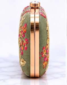 Elegant Olive Green Embroidered Floral Clutch With <b>Sequins</b> Women's Silk Evening <b>Handbag</b> Magnetic Closure - Product Image 4