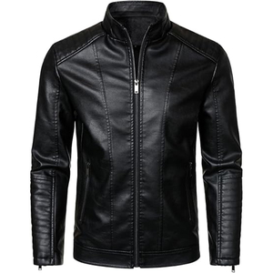 Unisex Premium Genuine Leather <b>Racer</b> <b>Jacket</b> Slim Fit Stand Collar Vintage Distressed Waterproof Windproof Motorcycle Front - Product Image 1