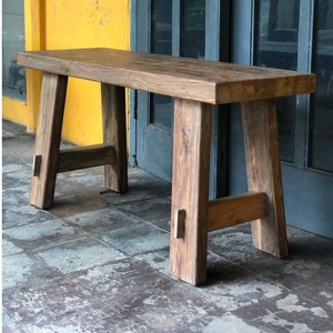 Tabouret rustique en teck recyclé, style Wabi-Sabi, fait main, banc en bois massif vintage pour salon et hôtel - Product Image 2