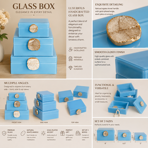 Sky <b>Blue</b> Glass Jewelry Storage Box Set with Natural Agate Stone Knob Gold Plated Accent Glossy Finish Decorative Organizer - Product Image 6