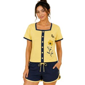 Yellow And Navy Women Two Piece Shorts Set Square Neck Button <b>Top</b> Floral Butterfly Print Contrast Trim Casual Summer Cotton Loun - Product Image 1