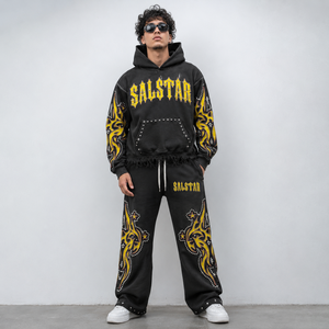 Men's Black <b>Gothic</b> Tracksuit Set Custom Streetwear <b>Hoodie</b> & Jogger Pants Rhinestone Embroidered Designer Tracksuit - Product Image 1