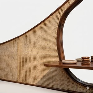 Contemporary Solid Wood <b>Queen</b> Platform <b>Bed</b> <b>Frame</b> with Rattan Headboard Custom Bedroom Furniture for Hotels Apartments & Villas - Product Image 3