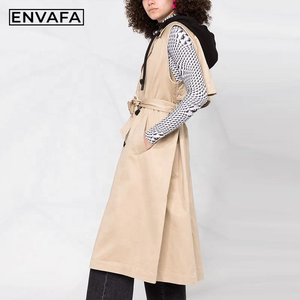 ENVAFA <b>Women</b> Hooded Sleeveless Double Breasted Trench <b>Coat</b> Long <b>Belted</b> Casual Windproof Waterproof Eco-Friendly Solid Color 100% - Product Image 3