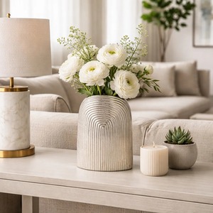 Jarrón de Cerámica con Diseño Acanalado Plateado, Macetero Cilíndrico Moderno con Textura para Decoración del Hogar - Product Image 5