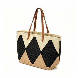 Customized Black diamond patchwork woven tote <b>bag</b>, geometric rhombus straw‑style shoulder shopper, multi‑tone woven <b>basket</b> tote - Product Image 2