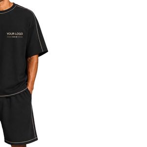 Black Mens Oversized T Shirt And Shorts <b>Set</b> Contrast Piping Custom Logo Crew Neck Casual Streetwear Summer Two Piece Wholesale - Product Image 4