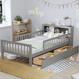 Letto singolo grigio per bambini con testiera, scaffale portaoggetti, due cassetti sottoletto e tre sponde laterali per sicurezza e protezione - Product Image 1