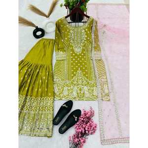 DESIGNER CHINON SOIE BRODERIE SÉQUENCE TRAVAIL TOP SHARARA AVEC DUPATTA PERROT VERT - Product Image 1