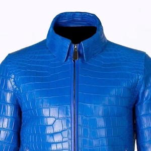 Chaqueta de Cuero Premium Azul con Grabado Croco, Chaqueta de Motociclista de Cuero Genuino, Ropa Exterior de Moda Personalizada para Hombre, Venta al Por Mayor - Product Image 2