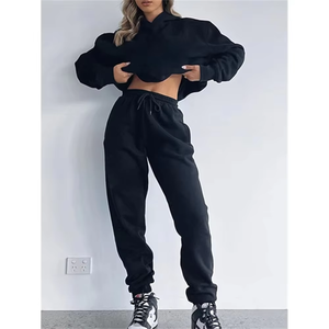 Wholesale Women's Hooded <b>Tracksuit</b> Sets Heavyweight Sportswear Set Casual Minimalist Black Co‑Ord Relaxed Fit Two‑Piece Set - Product Image 3