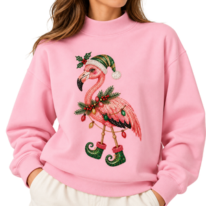 Sudadera de mujer rosa con lentejuelas bordadas de flamenco navideño, hombros caídos, cuello redondo, venta al por mayor, sudadera de otoño/invierno para mujer - Product Image 1