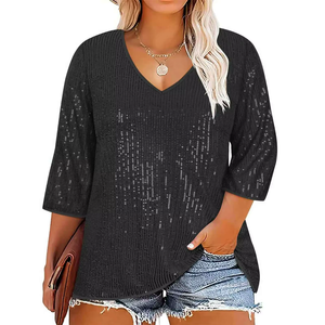 Women's Gothic Style V Neck T-Shirt Plus Size Loose Crop <b>Top</b> with Long Sleeves and Summer Street Fashion - Product Image 2