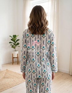 Artisanal Hand Block Printed Cotton Pajama Set Elegant Floral Mughal Motif Summer Nightwear Soft Breathable Quick Dry Sleepwear - Product Image 6