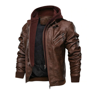 Blouson moto homme personnalisable en cuir PU marron avec fermeture éclair et poches, coupe ajustée, idéal pour l'automne - Product Image 1