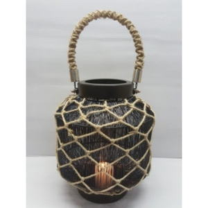 Round <b>Black</b> <b>Lantern</b> Candle Holder with Rope Net Design and Handle for Home Decoration - Product Image 1