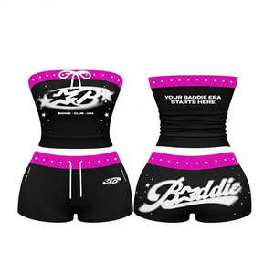 Ensemble 2 pièces marron et rose pour femme, short moulant au genou et haut bustier imprimé strass, style Baddie Club USA, sportif, décontracté et écoresponsable - Product Image 5