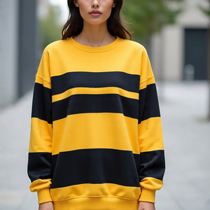 Sweat-shirt surdimensionné à col rond imprimé rayé pour femme, manches longues, en coton tricoté, pour l'hiver et l'automne, motif jaune et noir - Product Image 4