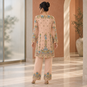 Ensemble tunique élégante brodée de fleurs avec manches longues transparentes et pantalon assorti pour tenue de soirée festive, style ethnique élégant - Product Image 4