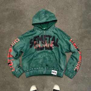 Sudadera con capucha y cremallera Semetal Insane con pedrería para hombre y mujer, verde lavado, corte ajustado, con brillo de cristal, estilo urbano, 2026 HD - Product Image 1