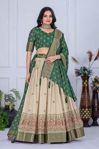 Présentation de notre dernière collection de lehenga en tissu Lichi lourd avec bordure jacquard. - Product Image 3