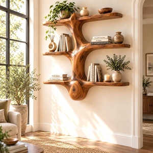 Estante de pared de madera único, hecho a mano, con múltiples estantes y cajones, librero para el hogar, oficina, sala de estudio y sala de estar. - Product Image 6