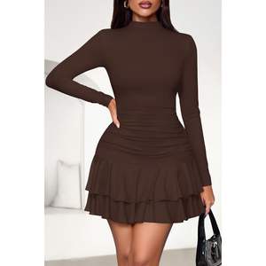 Robe de soirée mini pour femme, automne 2025, manches longues, moulante, col montant, froncée, à volants superposés, style Y2K - Product Image 4