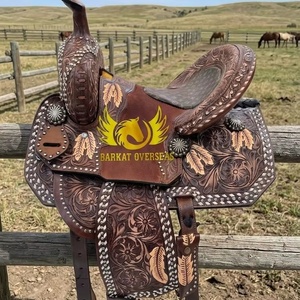 Silla de montar occidental de cuero genuino con adornos de plumas de alta calidad, cómoda para el jinete y el caballo, duradera y ecológica. - Product Image 2