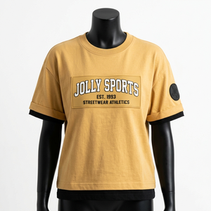 T-shirt double couche en coton premium 200 GSM pour femme, couleur moutarde, avec logo imprimé en relief contrastant à l'intérieur - Product Image 3