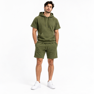 <b>Men's</b> Solid Olive Green Cotton <b>Short</b> Sleeve <b>Hoodie</b> <b>and</b> <b>Shorts</b> <b>Set</b> Custom Casual Tracksuit - Product Image 6