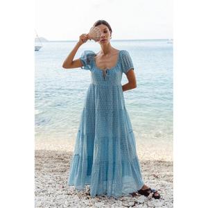 Robe Bohème Élégante et Confortable Longueur Genou Coupe Trapèze Col V Manches Bouffantes Ample Tricotée Écologique Couleur Unie Décontractée Été - Product Image 1